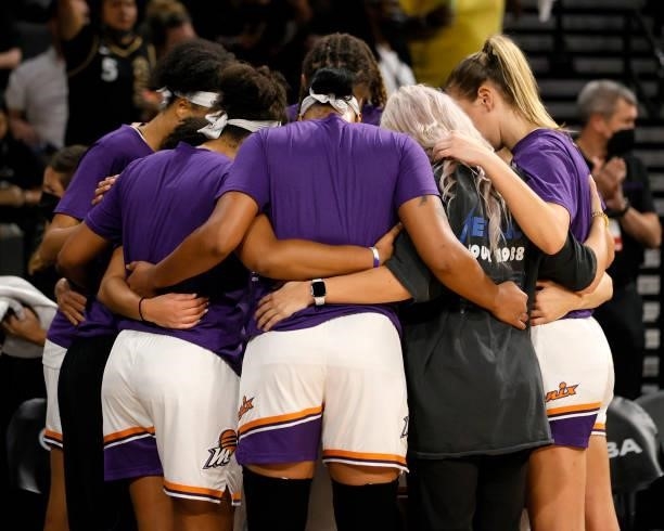 The Phoenix Mercury huddle before Game Five of the 2021 WNBA Playoffs semifinals against the Las Vegas Aces at Michelob ULTRA Arena on October 8,...