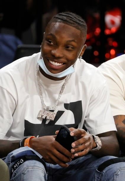 Wide receiver Henry Ruggs III of the Las Vegas Raiders attends Game Five of the 2021 WNBA Playoffs semifinals between the Phoenix Mercury and the Las...
