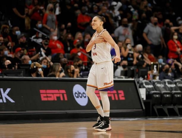 Diana Taurasi of the Phoenix Mercury reacts after hitting a 3-pointer against the Las Vegas Aces late in Game Five of the 2021 WNBA Playoffs...