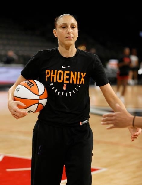 Diana Taurasi of the Phoenix Mercury warms up before Game Five of the 2021 WNBA Playoffs semifinals against the Las Vegas Aces at Michelob ULTRA...
