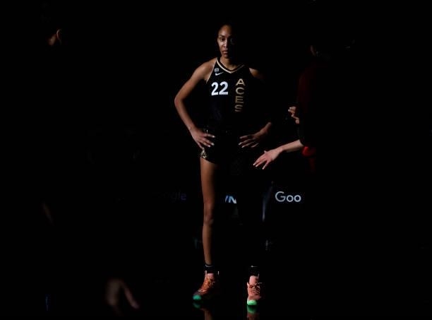 Ja Wilson of the Las Vegas Aces is introduced before Game Five of the 2021 WNBA Playoffs semifinals against the Phoenix Mercury at Michelob ULTRA...