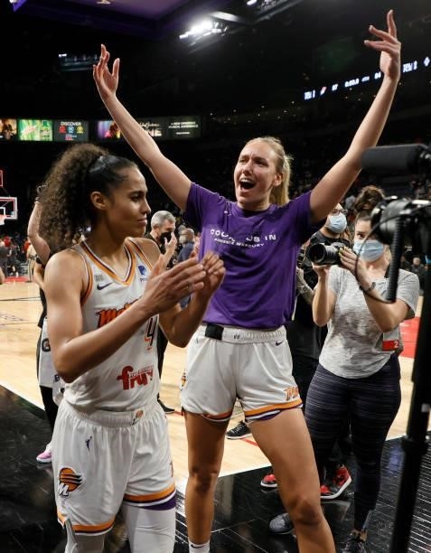 Skylar Diggins-Smith and Alanna Smith of the Phoenix Mercury celebrate as they leave the court after the team's 87-84 victory over the Las Vegas Aces...