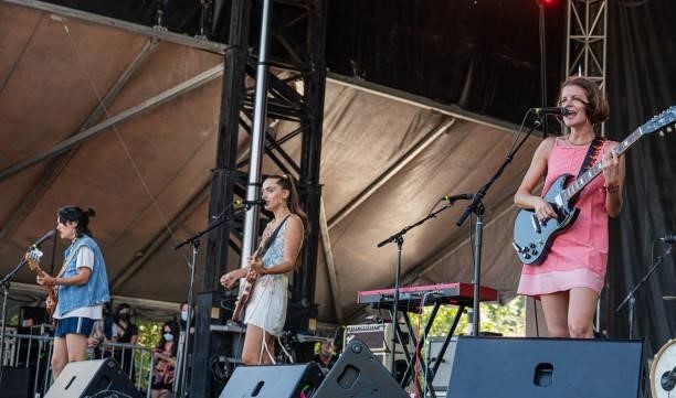 Bassist Ade Martin, singer and guitarist Ana Garcia Perrote and singer and guitarist Carlotta Cosials of Hinds perform live on stage during Austin...