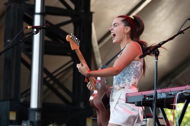Singer and guitarist Ana Garcia Perrote of Hinds performs live on stage during Austin City Limits Festival at Zilker Park on October 08, 2021 in...
