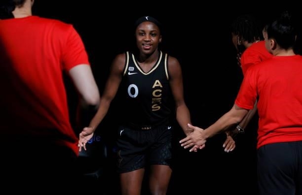Jackie Young of the Las Vegas Aces is introduced before Game Five of the 2021 WNBA Playoffs semifinals against the Phoenix Mercury at Michelob ULTRA...