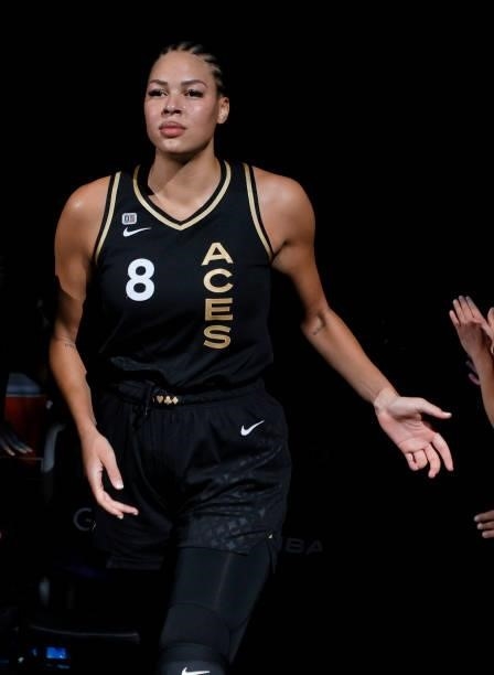 Liz Cambage of the Las Vegas Aces is introduced before Game Five of the 2021 WNBA Playoffs semifinals against the Phoenix Mercury at Michelob ULTRA...