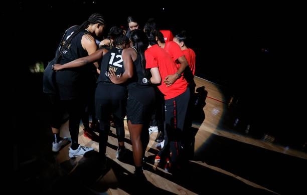 The Las Vegas Aces huddle on the court before Game Five of the 2021 WNBA Playoffs semifinals against the Phoenix Mercury at Michelob ULTRA Arena on...