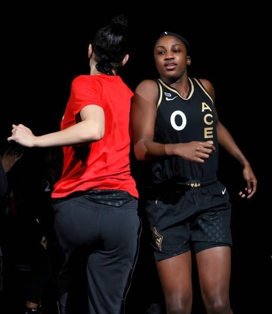 Dearica Hamby of the Las Vegas Aces greets teammate Jackie Young as she is introduced before Game Five of the 2021 WNBA Playoffs semifinals against...