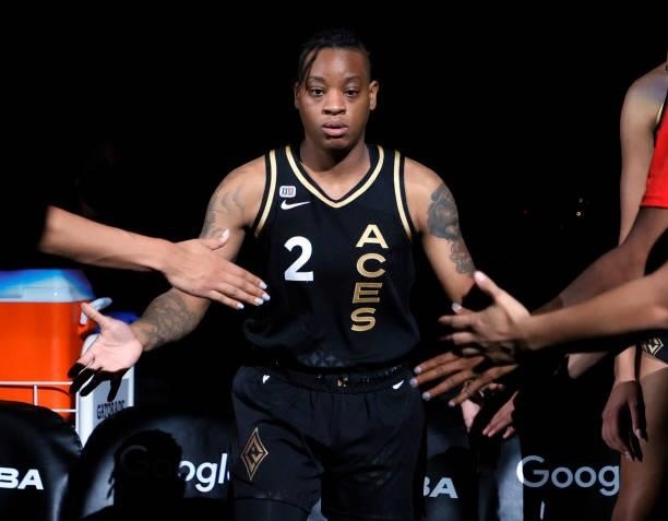 Riquna Williams of the Las Vegas Aces is introduced before Game Five of the 2021 WNBA Playoffs semifinals against the Phoenix Mercury at Michelob...