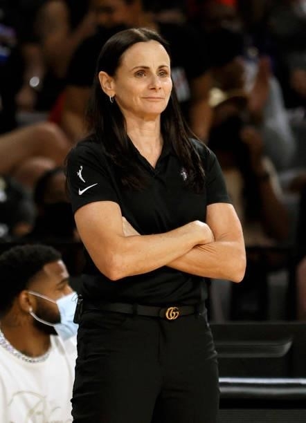 Head coach Sandy Brondello of the Phoenix Mercury looks on during Game Five of the 2021 WNBA Playoffs semifinals against the Las Vegas Aces at...