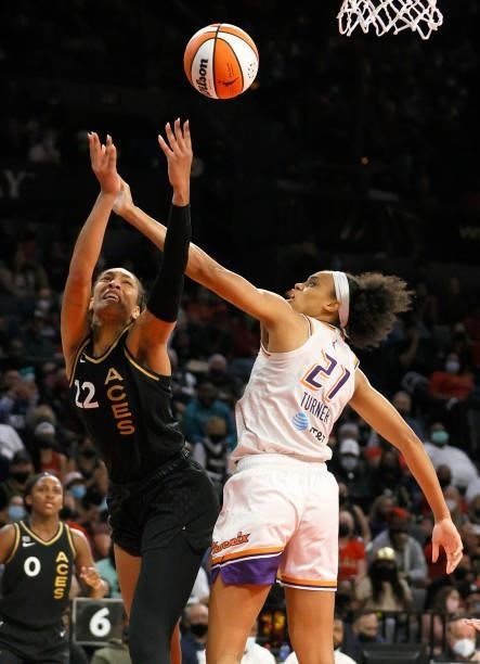 Ja Wilson of the Las Vegas Aces shoots against Brianna Turner of the Phoenix Mercury during Game Five of the 2021 WNBA Playoffs semifinals at...