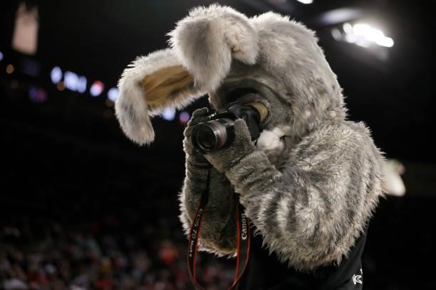 Las Vegas Aces mascot BUCKET$ uses a photographer's camera during a break in Game Five of the 2021 WNBA Playoffs semifinals between the Aces and the...