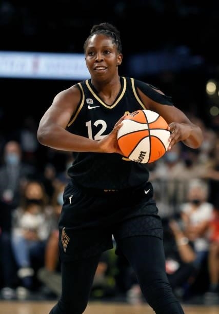 Chelsea Gray of the Las Vegas Aces looks to pass against the Phoenix Mercury during Game Five of the 2021 WNBA Playoffs semifinals at Michelob ULTRA...