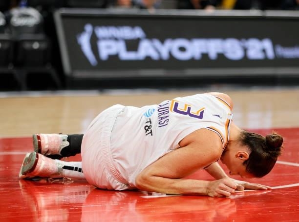 Diana Taurasi of the Phoenix Mercury gets up after A'ja Wilson of the Las Vegas Aces fell on her during a play in Game Five of the 2021 WNBA Playoffs...