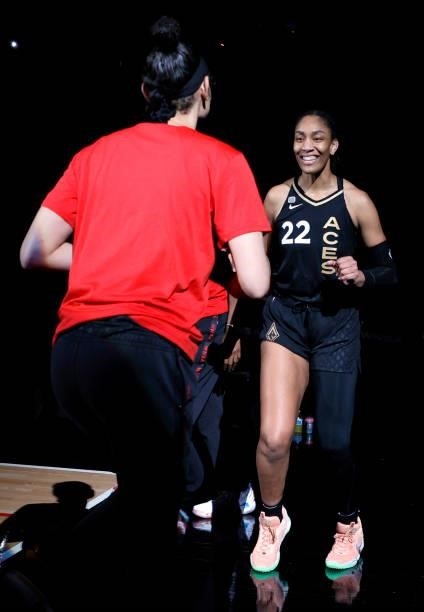 Dearica Hamby of the Las Vegas Aces greets teammate A'ja Wilson as she is introduced before Game Five of the 2021 WNBA Playoffs semifinals against...