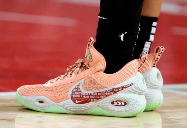 Ja Wilson of the Las Vegas Aces wears Nike sneakers during Game Five of the 2021 WNBA Playoffs semifinals against the Phoenix Mercury at Michelob...