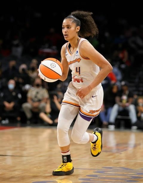 Skylar Diggins-Smith of the Phoenix Mercury brings the ball up the court against the Las Vegas Aces during Game Five of the 2021 WNBA Playoffs...