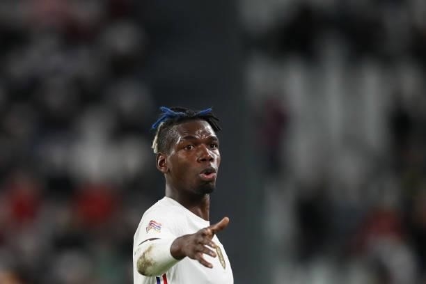 Paul Pogba of France reacts during the UEFA Nations League 2021 Semi-final match between Belgium and France at Juventus Stadium on October 07, 2021...