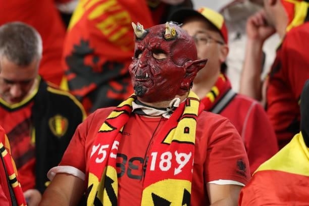 Belgium fan pictured wearing a devil mask during the UEFA Nations League 2021 Semi-final match between Belgium and France at Juventus Stadium on...