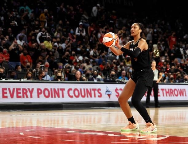 Ja Wilson of the Las Vegas Aces shoots a technical free throw during Game Five of the 2021 WNBA Playoffs semifinals against the Phoenix Mercury at...