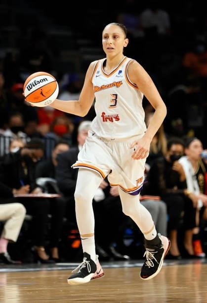 Diana Taurasi of the Phoenix Mercury brings the ball up the court against the Las Vegas Aces during Game Five of the 2021 WNBA Playoffs semifinals at...