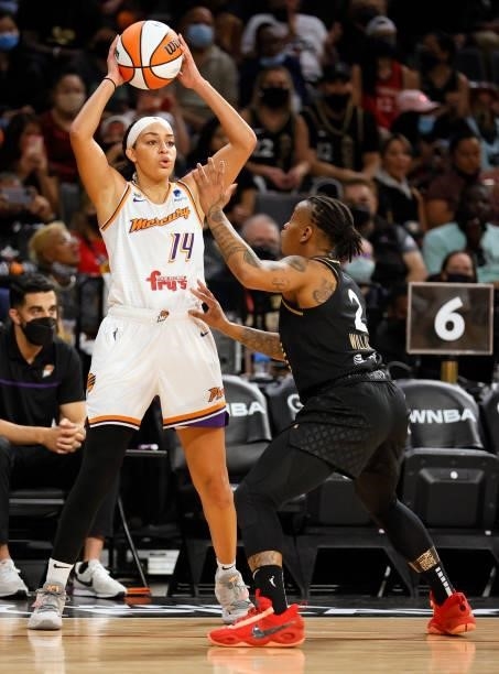 Bria Hartley of the Phoenix Mercury looks to pass against the Riquna Williams of the Las Vegas Aces during Game Five of the 2021 WNBA Playoffs...