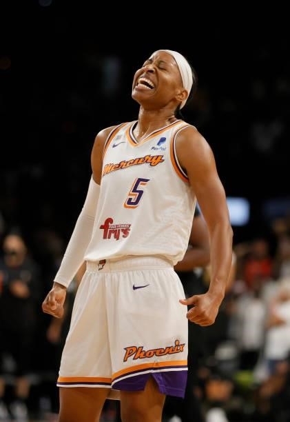 Shey Peddy of the Phoenix Mercury celebrates as time expires in Game Five of the 2021 WNBA Playoffs semifinals against the Las Vegas Aces at Michelob...