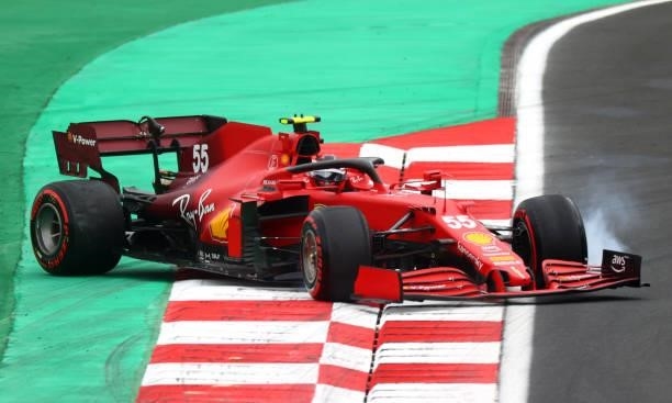 Carlos Sainz of Spain driving the Scuderia Ferrari SF21 spins during qualifying ahead of the F1 Grand Prix of Turkey at Intercity Istanbul Park on...