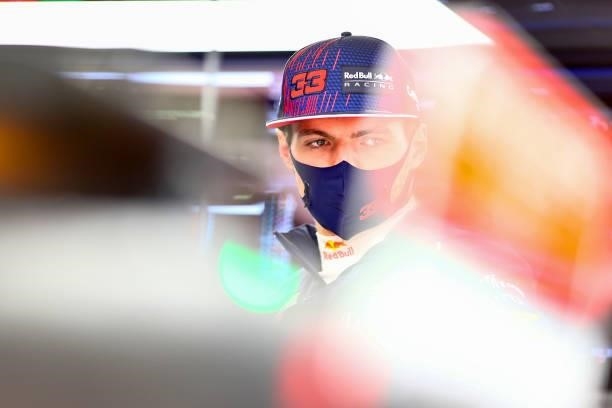 Max Verstappen of Netherlands and Red Bull Racing looks on in the garage during final practice ahead of the F1 Grand Prix of Turkey at Intercity...