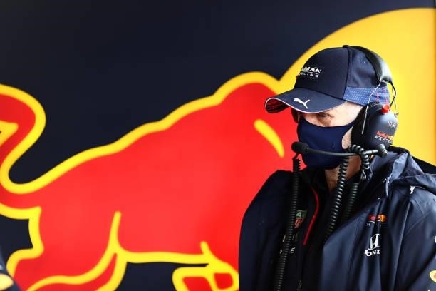 Adrian Newey, the Chief Technical Officer of Red Bull Racing looks on in the garage during final practice ahead of the F1 Grand Prix of Turkey at...