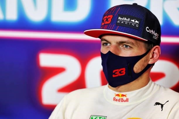 Third placed qualifier Max Verstappen of Netherlands and Red Bull Racing talks in the press conference after qualifying ahead of the F1 Grand Prix of...