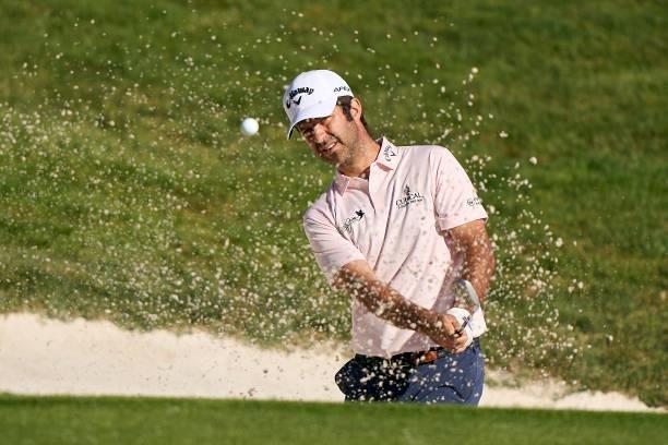 Jorge Campillo of Spain plays a shot from a bunker during Day Three of The Open de Espana at Club de Campo Villa de Madrid on October 09, 2021 in...