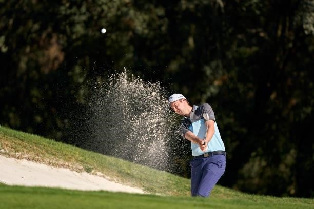 Ashley Chesters of England plays a shot from a bunker during Day Three of The Open de Espana at Club de Campo Villa de Madrid on October 09, 2021 in...