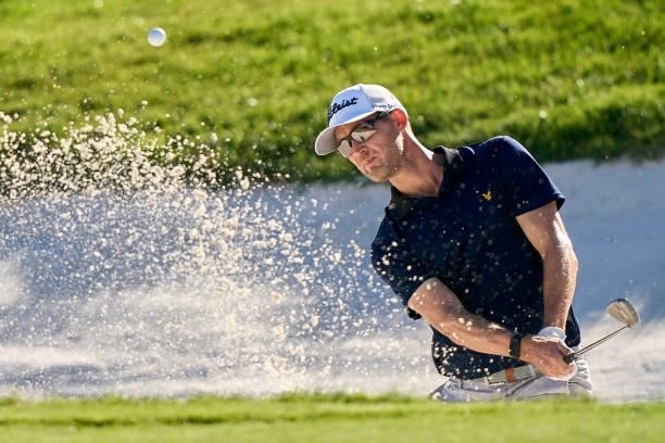 Niklas Lemke of Sweden plays a shot from a bunker during Day Three of The Open de Espana at Club de Campo Villa de Madrid on October 09, 2021 in...