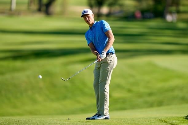 Julien Guerrier of France plays a shot during Day Three of The Open de Espana at Club de Campo Villa de Madrid on October 09, 2021 in Madrid, Spain.