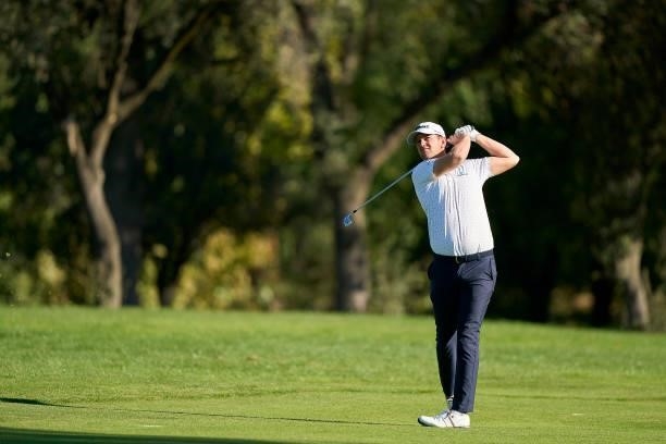 Bernd Wiesberger of Austria plays a shot during Day Three of The Open de Espana at Club de Campo Villa de Madrid on October 09, 2021 in Madrid, Spain.