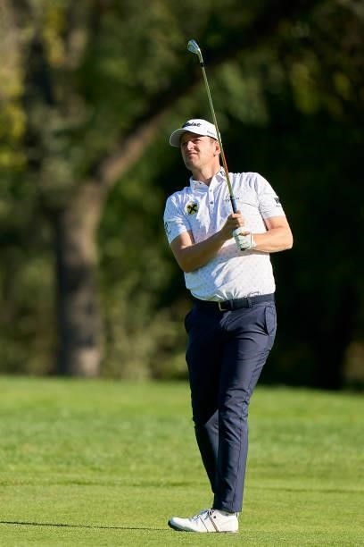 Bernd Wiesberger of Austria watches his shot during Day Three of The Open de Espana at Club de Campo Villa de Madrid on October 09, 2021 in Madrid,...