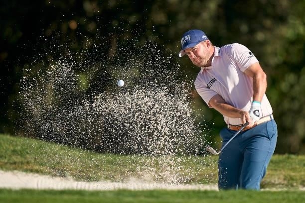 Richie Ramsay of Scothland plays a shot from a bunker during Day Three of The Open de Espana at Club de Campo Villa de Madrid on October 09, 2021 in...