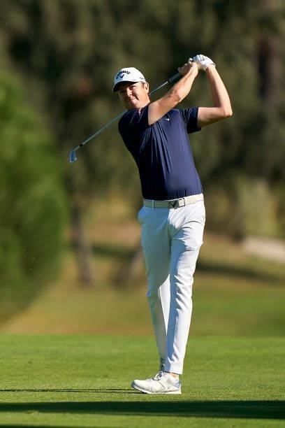 Steven Brown of England plays a shot during Day Three of The Open de Espana at Club de Campo Villa de Madrid on October 09, 2021 in Madrid, Spain.
