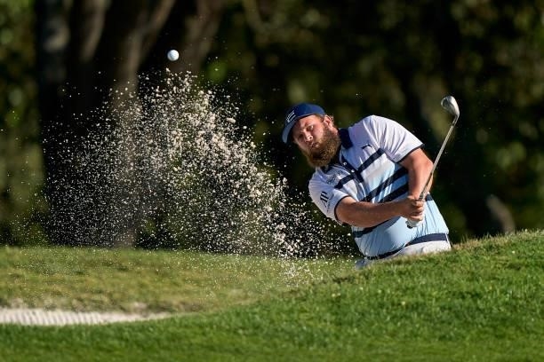 Andrew Johnston of England plays a shot from a bunker during Day Three of The Open de Espana at Club de Campo Villa de Madrid on October 09, 2021 in...