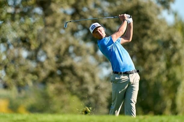 Adrian Meronk of Poland plays a shot during Day Three of The Open de Espana at Club de Campo Villa de Madrid on October 09, 2021 in Madrid, Spain.