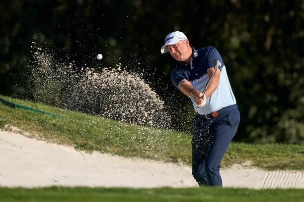 Graeme Storm of England plays a shot from a bunker during Day Three of The Open de Espana at Club de Campo Villa de Madrid on October 09, 2021 in...