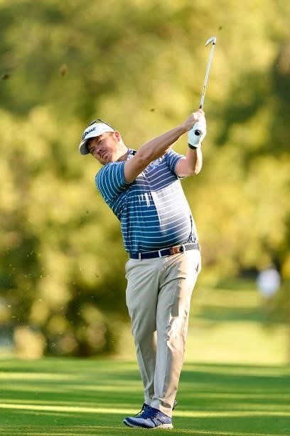George Coetzee of South Africa plays a shot during Day Three of The Open de Espana at Club de Campo Villa de Madrid on October 09, 2021 in Madrid,...