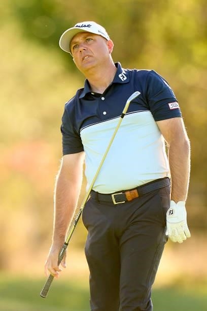 Graeme Storm of England reacts during Day Three of The Open de Espana at Club de Campo Villa de Madrid on October 09, 2021 in Madrid, Spain.