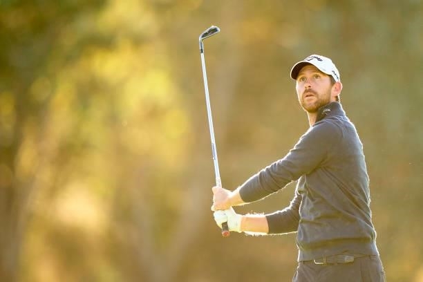 Robin Sciot-Siegrist of France watches his shot during Day Three of The Open de Espana at Club de Campo Villa de Madrid on October 09, 2021 in...