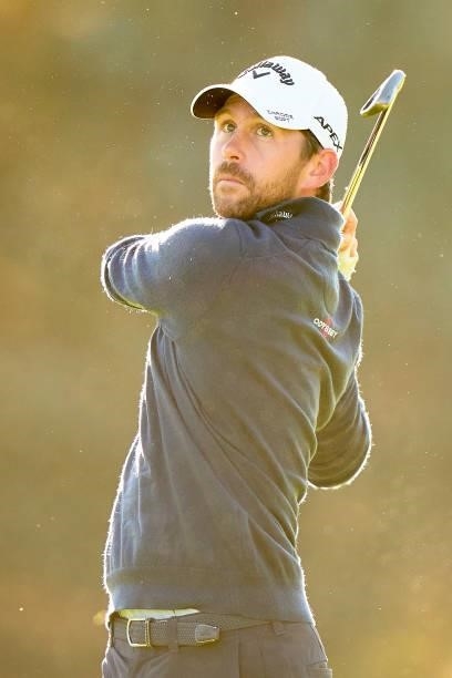 Robin Sciot-Siegrist of France plays a shot during Day Three of The Open de Espana at Club de Campo Villa de Madrid on October 09, 2021 in Madrid,...