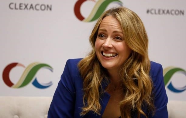 Actress Amy Acker speaks in the press room during the ClexaCon 2021 convention at the Tropicana Las Vegas on October 09, 2021 in Las Vegas, Nevada.