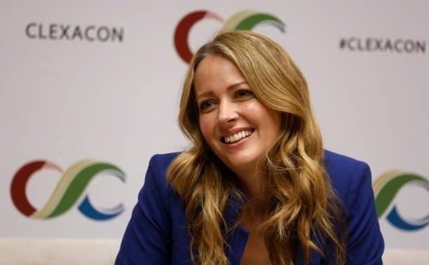Actress Amy Acker speaks in the press room during the ClexaCon 2021 convention at the Tropicana Las Vegas on October 09, 2021 in Las Vegas, Nevada.