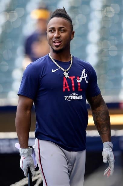 Ozzie Albies of the Atlanta Braves takes batting practice prior to game 2 of the National League Division Series against the Milwaukee Brewers at...