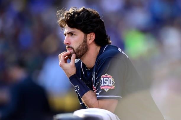 Dansby Swanson of the Atlanta Braves looks on prior to game 2 of the National League Division Series against the Milwaukee Brewers at American Family...